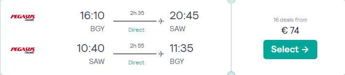 Non-stop flights from Milan, Italy to Istanbul, Turkey for only €74 roundtrip. Flight deal ticket image.
