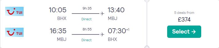 Non-stop, last minute flights from Birmingham, UK to Montego Bay, Jamaica for only £374 roundtrip. Flight deal ticket image.