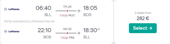 Cheap flights from Billund or Copenhagen, Denmark to Boston, USA from only €282 roundtrip with Lufthansa. Flight deal ticket image.