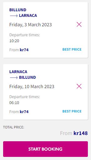 Nonstop flights from Billund, Denmark to Larnaca, Cyprus for just €19 return.  Image of flight offer ticket.