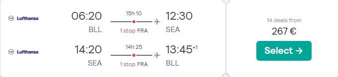 Cheap flights from Billund, Denmark to Seattle, USA for only &euro;267 roundtrip with Lufthansa. Flight deal ticket image.