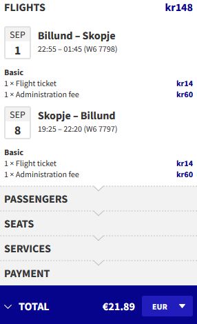 Non-stop flights from Billund, Denmark to Skopje, Macedonia for only €21 roundtrip. Flight deal ticket image.
