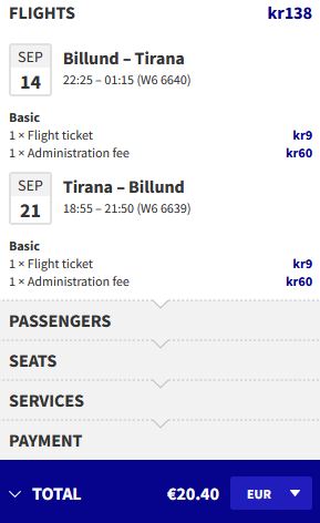 Non-stop flights from Billund, Denmark to Tirana, Albania for only €20 roundtrip. Flight deal ticket image.