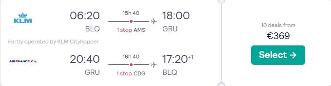 Cheap flights from Italian cities to Sao Paulo, Brazil from only €369 roundtrip with KLM and Air France. Flight deal ticket image.