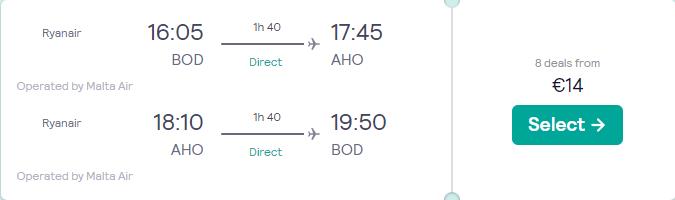 Non-stop flights from Bordeaux, France to Sardinia for only €14 roundtrip. Flight deal ticket image.