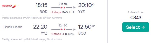 Click here to book this cheap flight deal. Cheap flights from Bordeaux, France to Toronto, Canada for only €343 roundtrip with British Airways. Flight deal ticket image.