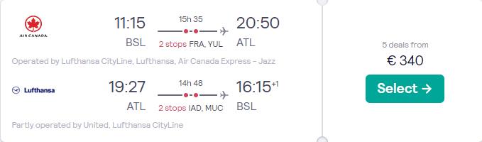 Cheap flights from Basel, Switzerland to Atlanta, USA for only €340 roundtrip with Lufthansa, Air Canada and United Airlines. Flight deal ticket image.
