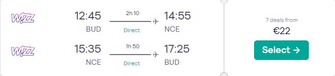 Non-stop flights from Budapest, Hungary to Nice, France for only €22 roundtrip. Flight deal ticket image.