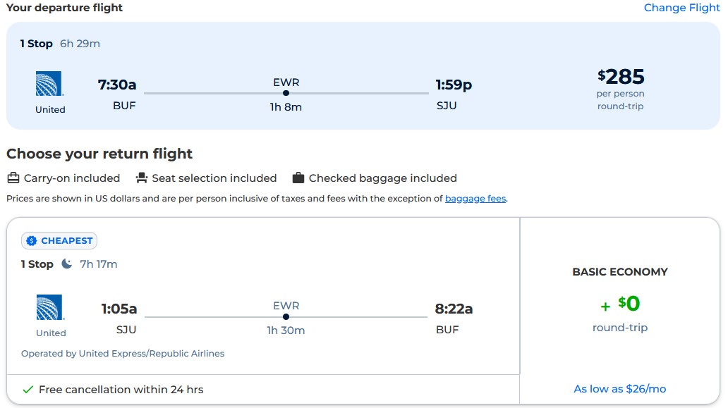 Cheap flights from Buffalo to San Juan, Puerto Rico for only $285 roundtrip with United Airlines. Flight deal ticket image.