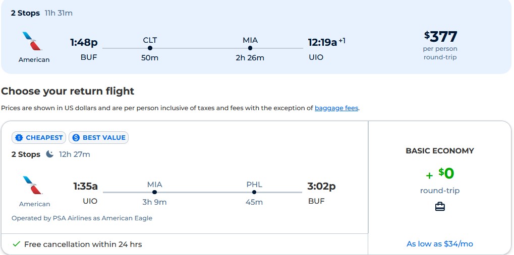 Cheap flights from Bufallo to Quito, Ecuador for only $377 roundtrip with American Airlines. Flight deal ticket image.