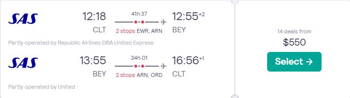 Cheap flights from Charlotte, North Carolina to Beirut, Lebanon for only $550 roundtrip with United Airlines and Scandinavian Airlines. Flight deal ticket image.
