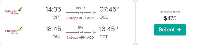 Cheap flights from Cape Town, South Africa to Oslo, Norway for only $475 USD roundtrip. Flight deal ticket image.