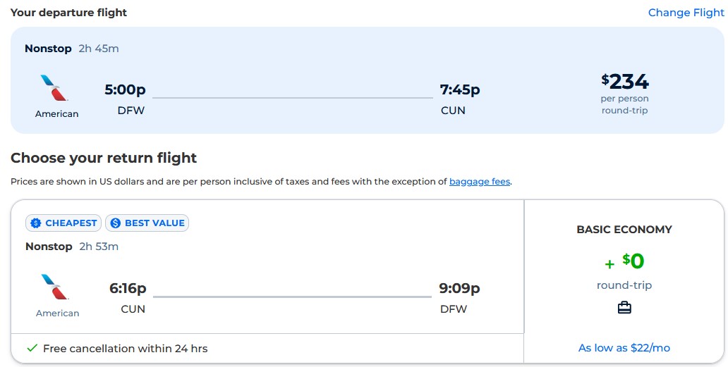 Cheap flights from Dallas or Pittsburgh to Cancun, Mexico from only $234 roundtrip with American Airlines. Flight deal ticket image.