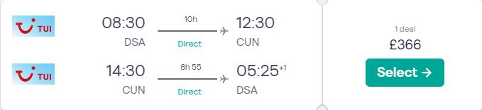 Non-stop flights from Doncaster or Bristol, UK to Cancun, Mexico from only £366 roundtrip. Flight deal ticket image.