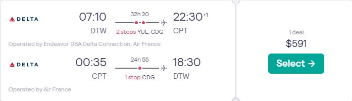 Cheap flights from Detroit to Cape Town, South Africa for only $591 roundtrip with Delta Air Lines and Air France. Flight deal ticket image.