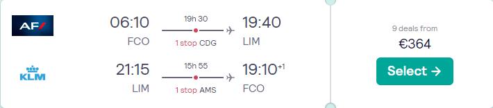 Cheap flights from Italian cities to Lima, Peru from only €364 roundtrip with Air France and KLM. Flight deal ticket image.