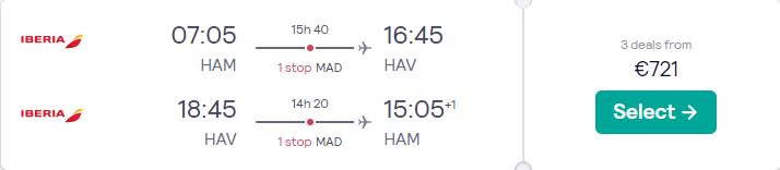 Premium Economy flights from German cities to Havana, Cuba from only €721 roundtrip with Iberia. Flight deal ticket image.