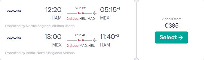 Cheap flights from Hamburg, Germany to Mexico City, Mexico for only €385 roundtrip with Finnair and Iberia. Flight deal ticket image.