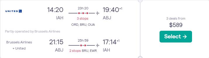 Cheap flights from Houston, Texas to Abidjan, Ivory Coast for only $589 roundtrip with United Airlines and Brussels Airlines. Flight deal ticket image.