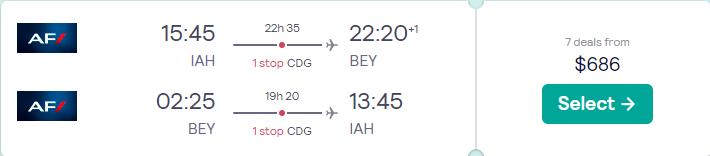 Cheap flights from Houston, Texas to Beirut, Lebanon for only $686 roundtrip with Air France. Flight deal ticket image.