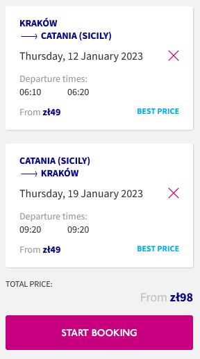 Non-stop flights from Katowice, Poland to Sicily for only €20 roundtrip. Flight deal ticket image.