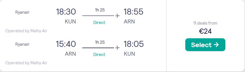 Non-stop flights from Kaunas, Lithuania to Stockholm, Sweden for only €24 roundtrip. Flight deal ticket image.
