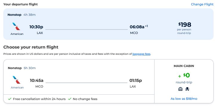 Non-stop flights from Los Angeles to Orlando, Florida for only $198 roundtrip with American Airlines. Also works in reverse. Flight deal ticket image.