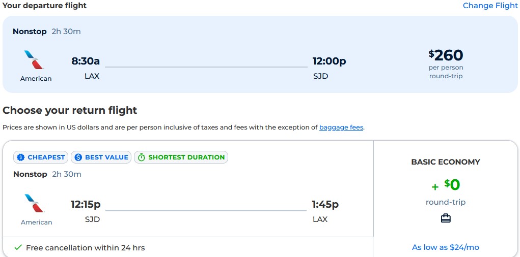 Cheap flights from Los Angeles or Houston to San Jose del Cabo, Mexico from only $260 roundtrip with American Airlines. Flight deal ticket image.