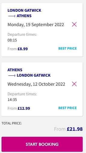 Non-stop flights from London, UK to Athens, Greece for only £21 roundtrip. Flight deal ticket image.