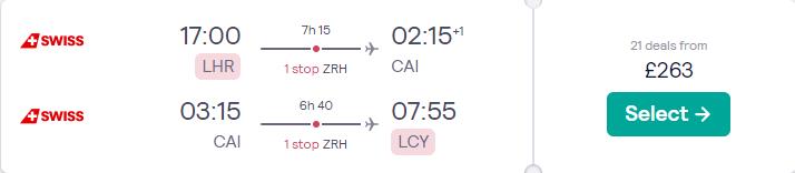 Click here to book this cheap flight deal. Cheap flights from London, UK to Cairo, Egypt for only £263 roundtrip with Swiss International Air Lines. Flight deal ticket image.