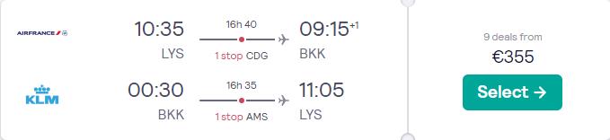 Cheap flights from Lyon, France to Bangkok, Thailand for only €355 roundtrip with Air France and KLM. Flight deal ticket image.