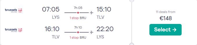 Cheap flights from Lyon, France to Tel Aviv, Israel for only €148 roundtrip with Brussels Airlines. Flight deal ticket image.