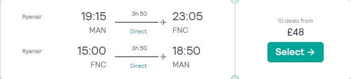 Non-stop flights from Manchester, UK to the Portuguese island of Madeira for only £48 roundtrip. Flight deal ticket image.