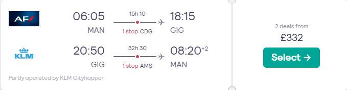 Click here to book this cheap flight deal. Cheap flights from Manchester, UK to Rio de Janeiro, Brazil for only £332 roundtrip with Air France and KLM. Flight deal ticket image.