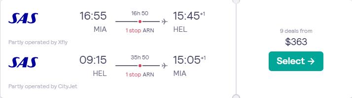 Cheap flights from Miami to Helsinki, Finland for only $363 roundtrip with Scandinavian Airlines. Flight deal ticket image.