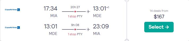Click here to book this cheap flight deal. Summer flights from Miami to Colombian cities from only $167 roundtrip with Copa Airlines. Flight deal ticket image.