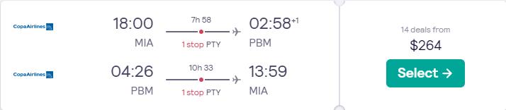 Cheap flights from Miami or Orlando to Paramaribo, Suriname from only $265 roundtrip with Copa Airlines. Flight deal ticket image.