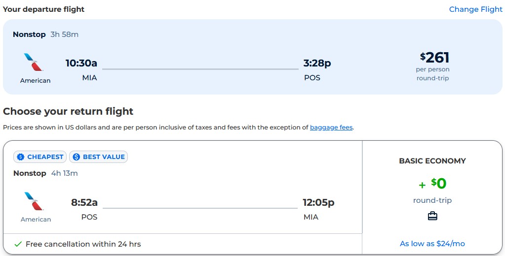 Non-stop flights from Miami to Trinidad for only $261 roundtrip with American Airlines. Flight deal ticket image.