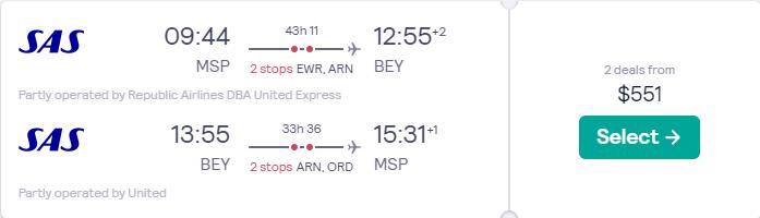 Cheap flights from Minneapol is to Beirut, Lebanon for only $551 roundtrip with United Airlines and Scandinavian Airlines. Flight deal ticket image.