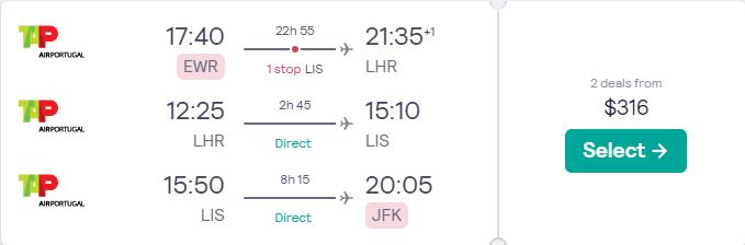 2 in 1 trip...Cheap flights from New York to London, UK and Lisbon, Portugal for only $316 roundtrip with TAP Air Portugal. Flight deal ticket image.