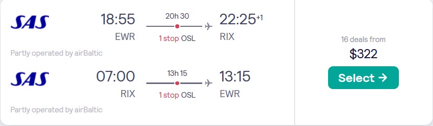 Summer flights from New York to Riga, Latvia for only $322 roundtrip with Scandinavian Airlines. Flight deal ticket image.