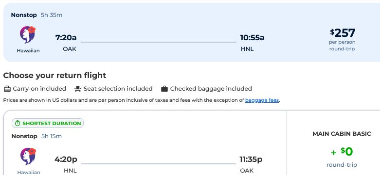 Non-stop flights from Oakland, California to Honolulu, Hawaii for only $257 roundtrip. Also works in reverse. Flight deal ticket image.