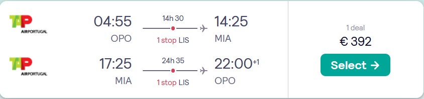 Cheap flights from Porto, Portugal to Miami, USA for only €392 roundtrip with TAP Air Portugal. Flight deal ticket image.