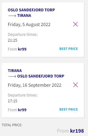 Non-stop flights from Oslo, Norway to Tirana, Albania for only €19 roundtrip. Flight deal ticket image.