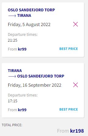 Non-stop flights from Oslo, Norway to Tirana, Albania for only €19 roundtrip. Flight deal ticket image.