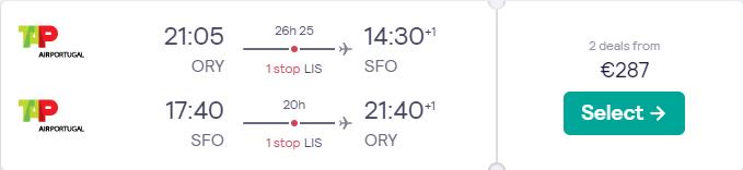 Click here to book this cheap flight deal. Cheap flights from Paris, France to San Francisco, USA for only €287 roundtrip with TAP Air Portugal. Flight deal ticket image.