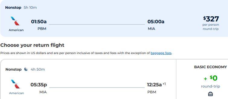 Click here to book this cheap flight deal. Non-stop flights from Paramaribo, Suriname to Miami, USA for only $327 USD roundtrip with American Airlines. Flight deal ticket image.