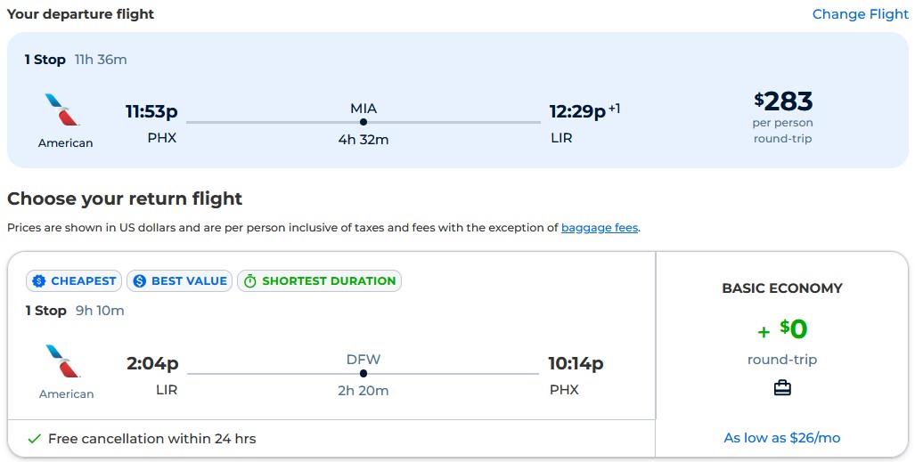 Cheap flights from Phoenix, Arizona to Liberia, Costa Rica for only $283 roundtrip with American Airlines. Flight deal ticket image.