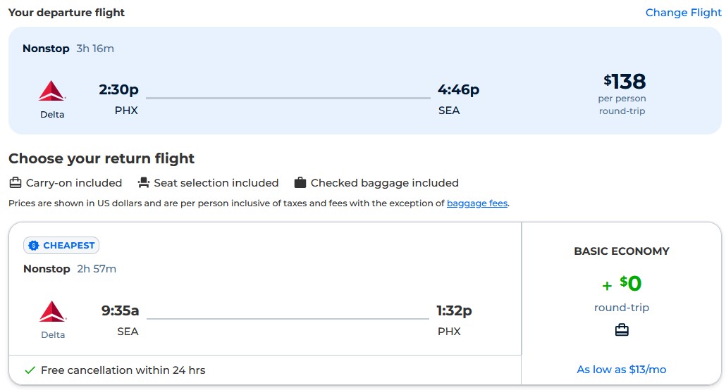Nonstop flights from Phoenix, Arizona to Seattle for just $138 roundtrip with Delta Air Lines.  Also works in reverse.  Image of flight offer ticket.