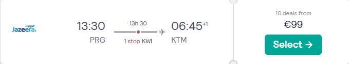 Summer flights from Prague, Czech Republic to Kathmandu, Nepal for only €99 one-way. Flight deal ticket image.